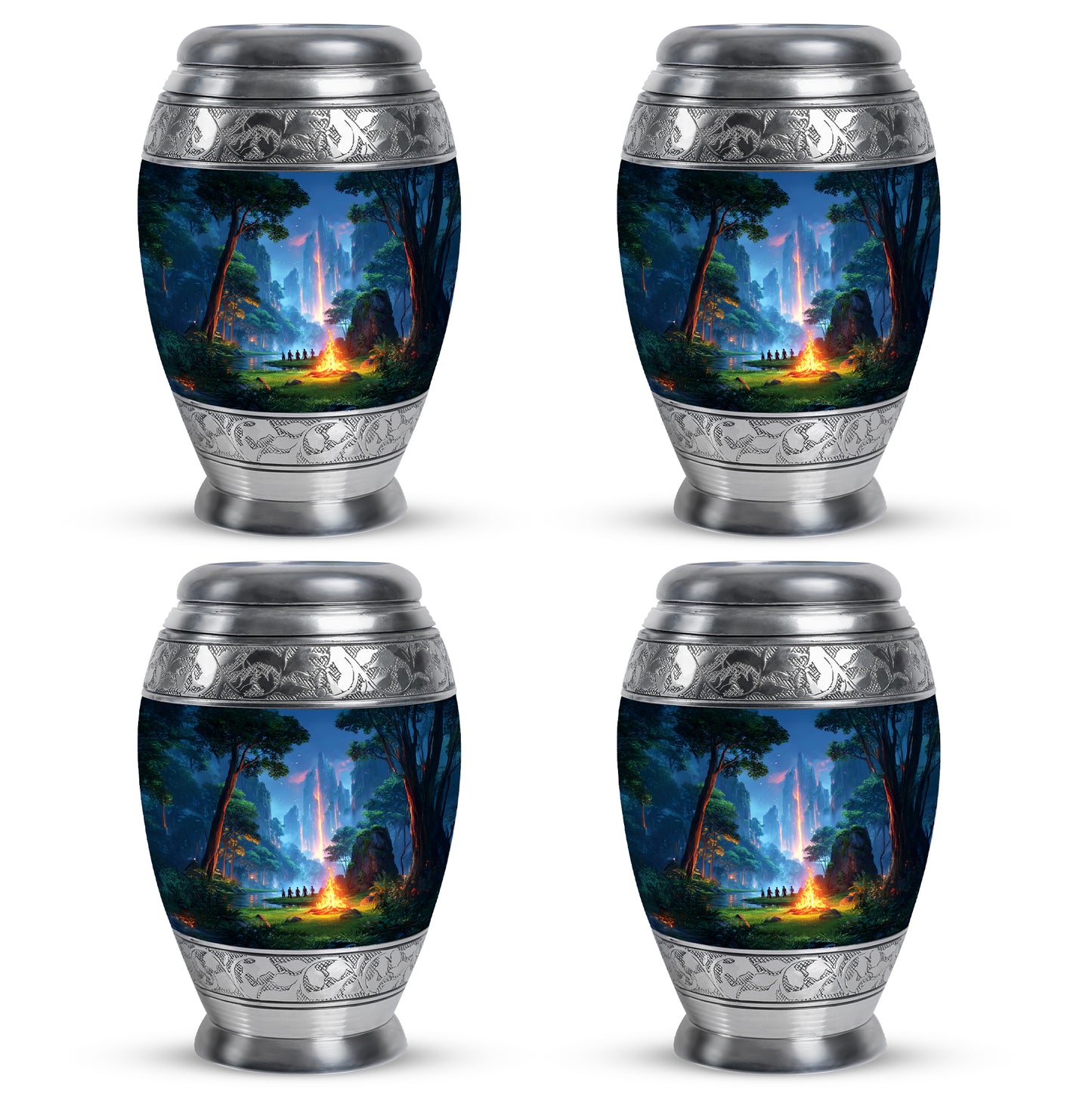 Celestial Blue Campfire Cremation Urn urn with complimentary velvet bag - regal campfire design with crown-inspired accents - 10 inch aluminum urn for cremated remains