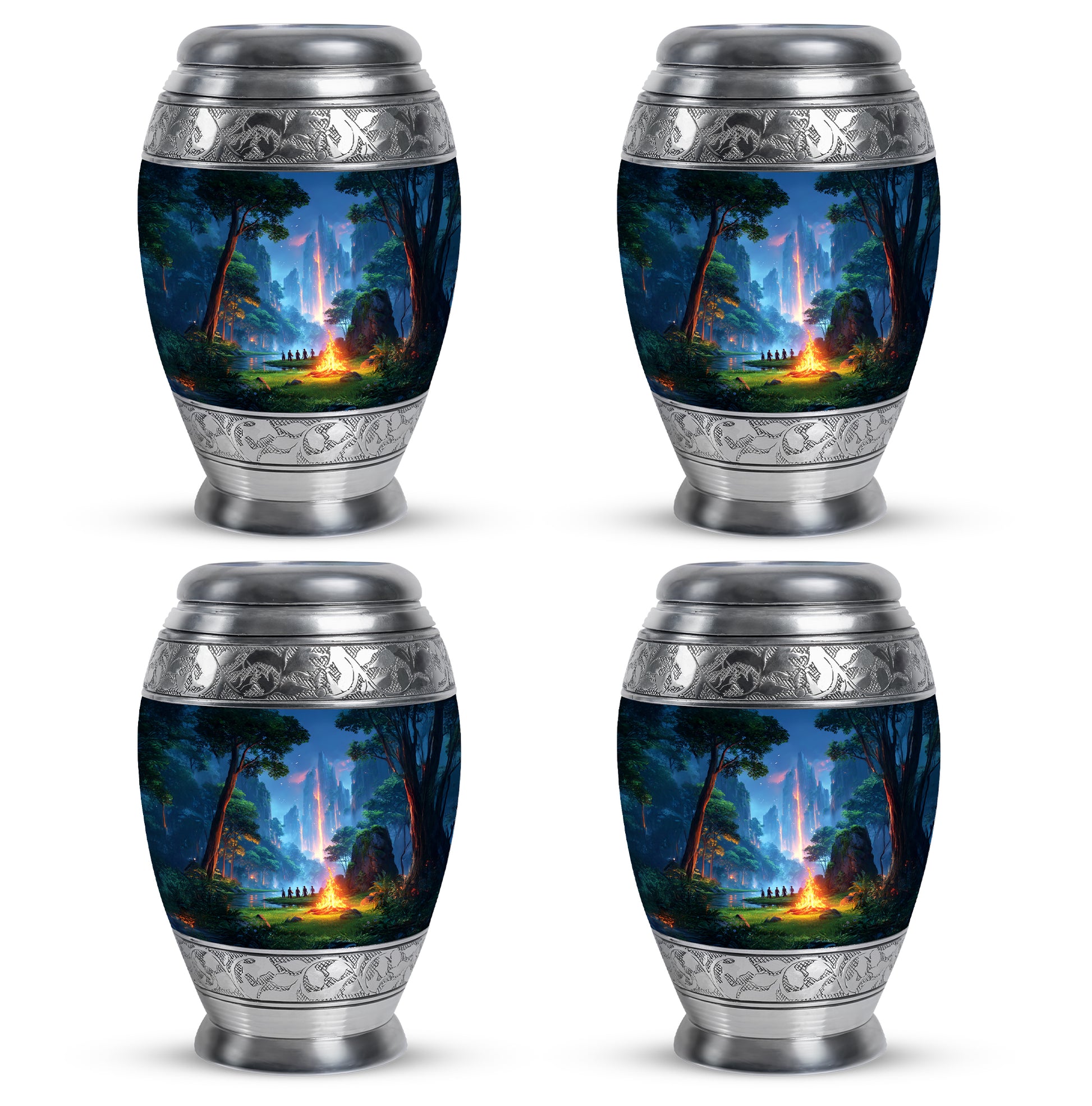 Celestial Blue Campfire Cremation Urn urn with complimentary velvet bag - regal campfire design with crown-inspired accents - 10 inch aluminum urn for cremated remains