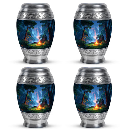 Celestial Blue Campfire Cremation Urn urn with complimentary velvet bag - regal campfire design with crown-inspired accents - 10 inch aluminum urn for cremated remains
