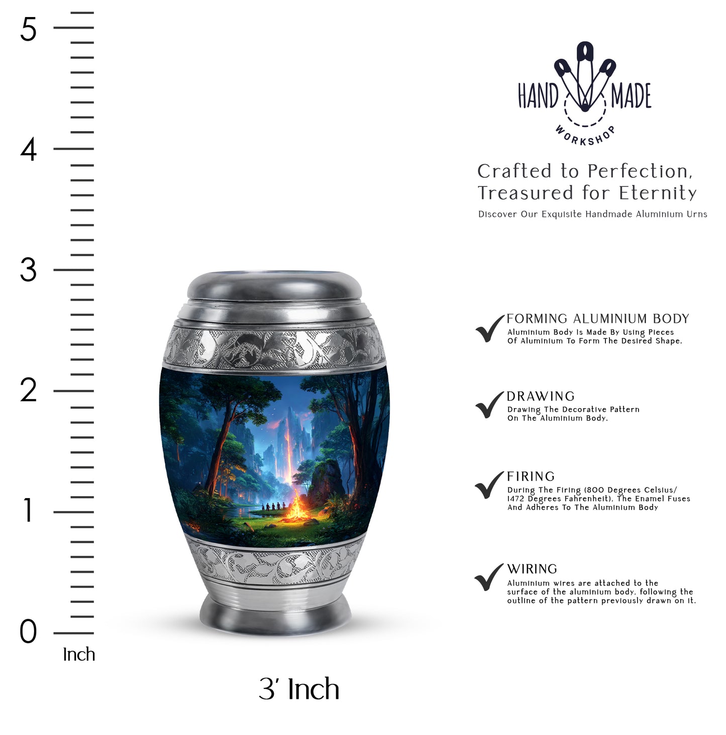 Calming Blue Campfire Cremation Urn lifestyle display on memorial shelf - majestic campfire pattern with filigree border - mini keepsake memorial for portion of cremation ashes