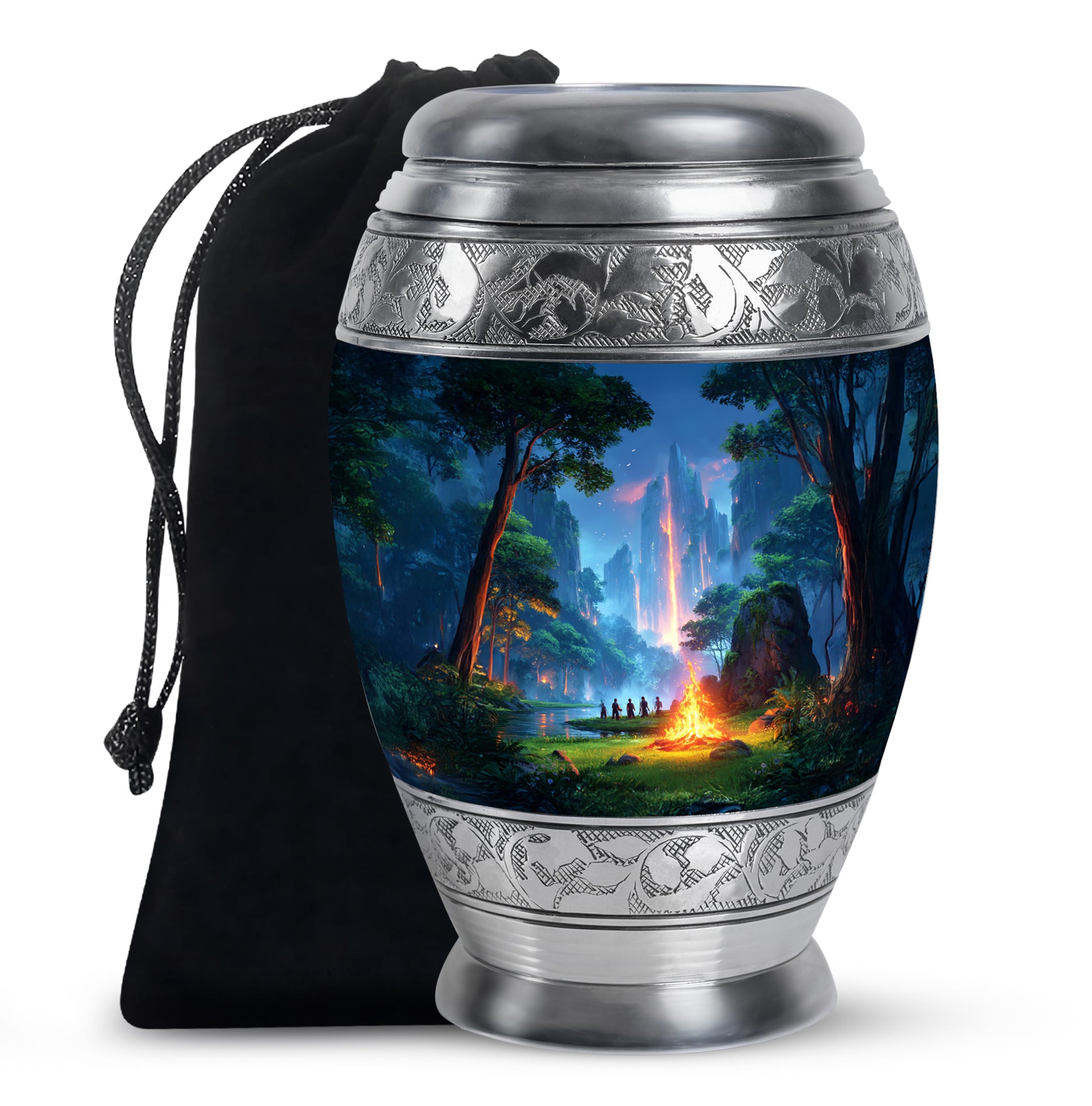 Slate Blue Campfire Cremation Urn back view with polished surface - regal campfire design with crown-inspired accents - full-size 10 inch 200 cubic inch adult cremation urn