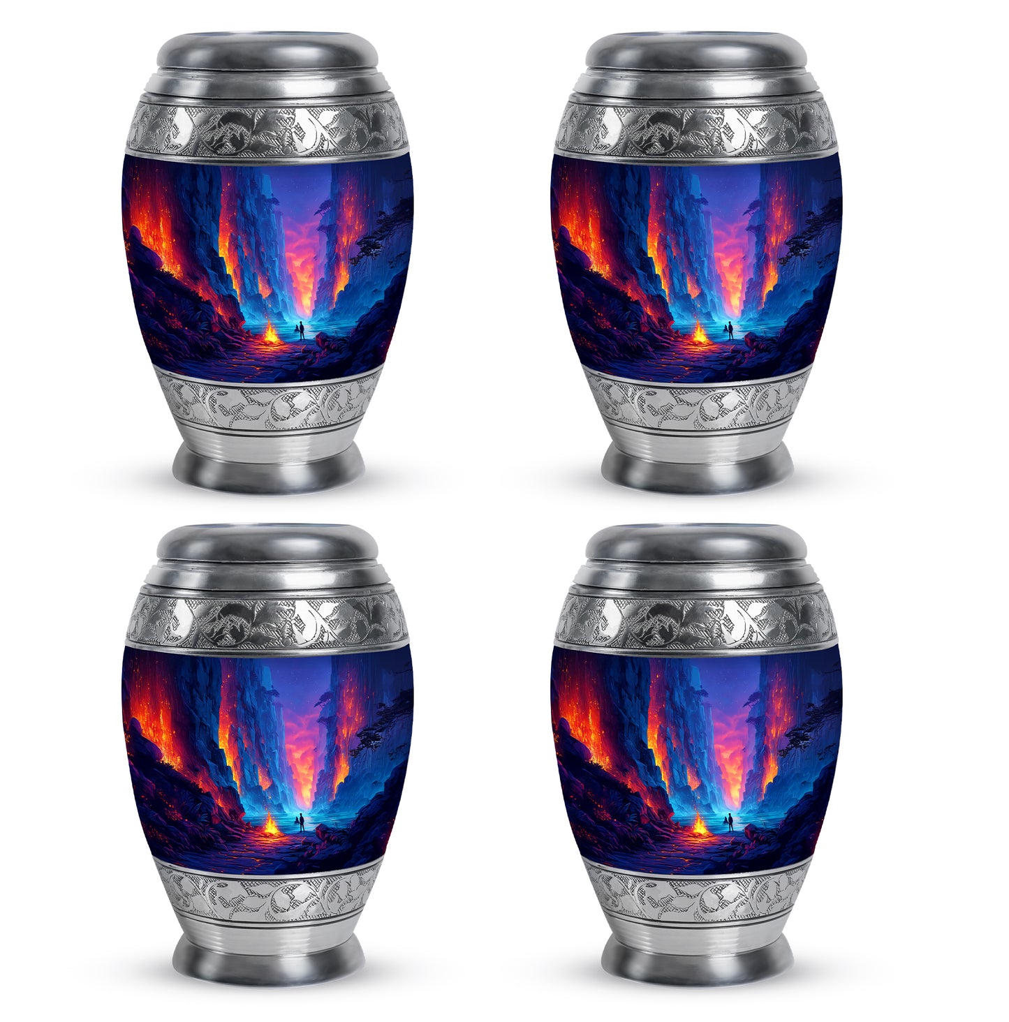 Steel Blue Campfire Cremation Urn urn with complimentary velvet bag - majestic campfire pattern with filigree border - 10 inch aluminum urn for cremated remains