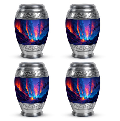 Steel Blue Campfire Cremation Urn urn with complimentary velvet bag - majestic campfire pattern with filigree border - 10 inch aluminum urn for cremated remains