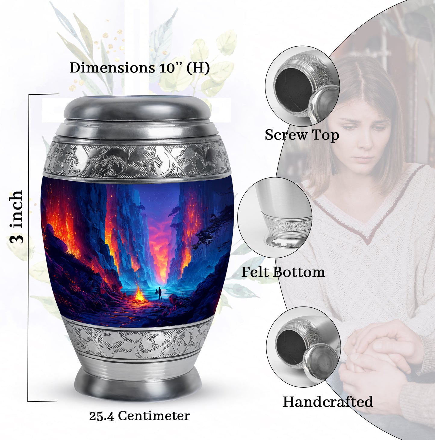 Vivid Blue Campfire Cremation Urn lifestyle display on memorial shelf - royal campfire engraving with decorative scrollwork - mini keepsake memorial for portion of cremation ashes