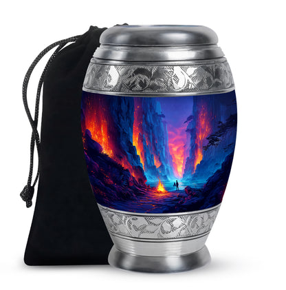 Steel Blue Campfire Cremation Urn back view with polished surface - majestic campfire pattern with filigree border - full-size 10 inch 200 cubic inch adult cremation urn