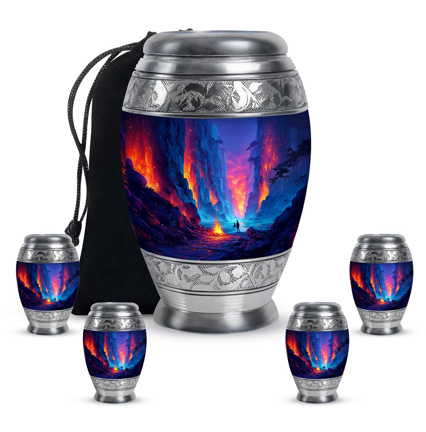Misty Blue Campfire Cremation Urn detail view - ornate monarch-style campfire relief on brushed aluminum - memorial set with one large and four small urns