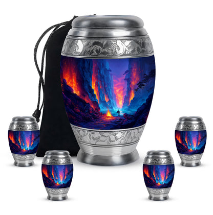 Misty Blue Campfire Cremation Urn detail view - ornate monarch-style campfire relief on brushed aluminum - memorial set with one large and four small urns