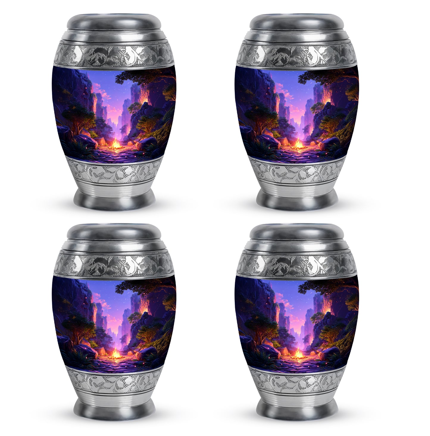 Cornflower Blue Campfire Cremation Urn urn with complimentary velvet bag - royal campfire engraving with decorative scrollwork - 10 inch aluminum urn for cremated remains