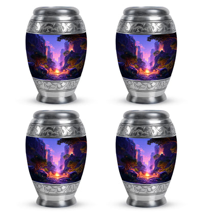 Cornflower Blue Campfire Cremation Urn urn with complimentary velvet bag - royal campfire engraving with decorative scrollwork - 10 inch aluminum urn for cremated remains
