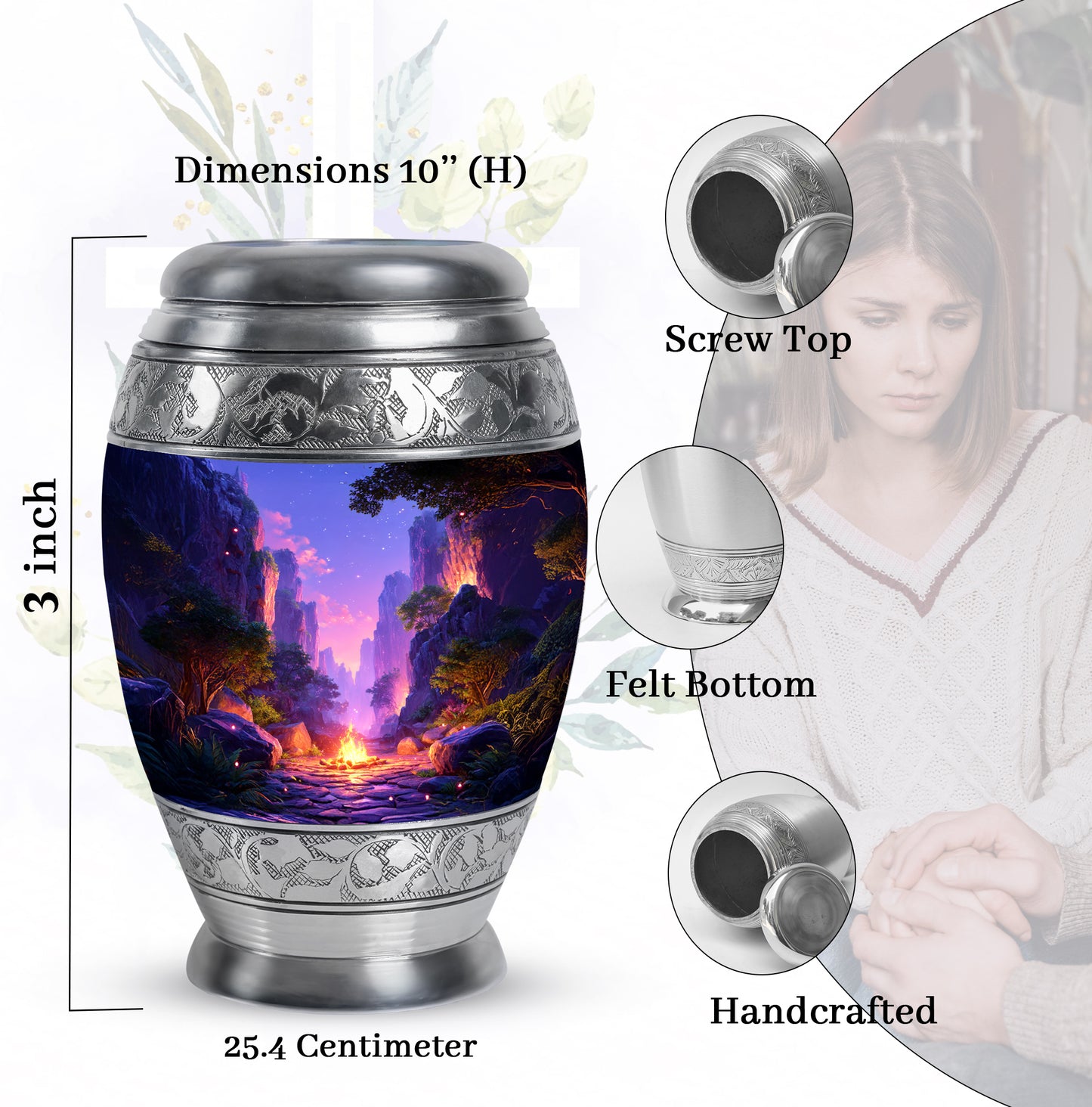 Powder Blue Campfire Cremation Urn lifestyle display on memorial shelf - regal campfire design with crown-inspired accents - mini keepsake memorial for portion of cremation ashes