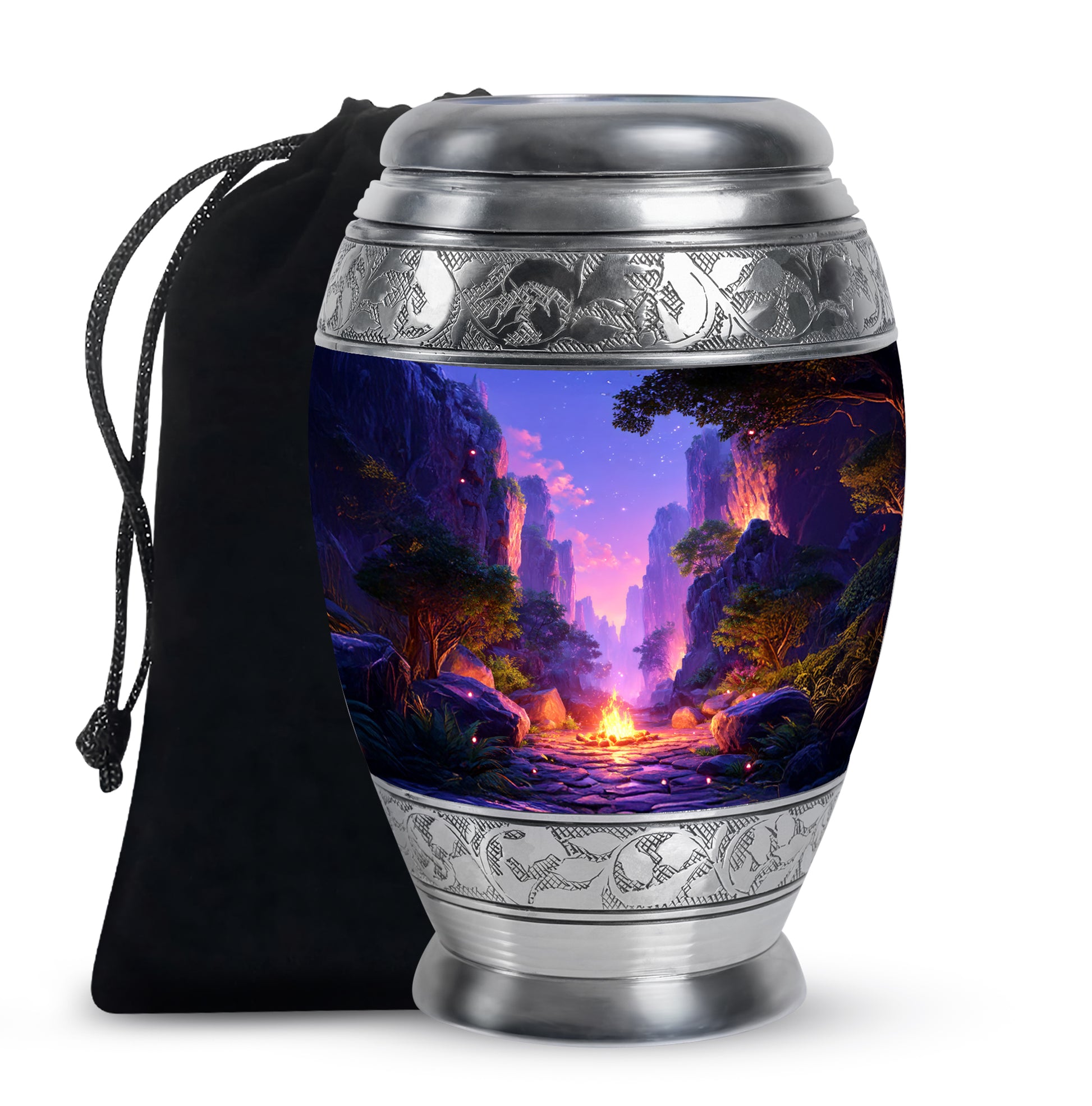 Cornflower Blue Campfire Cremation Urn back view with polished surface - majestic campfire pattern with filigree border - full-size 10 inch 200 cubic inch adult cremation urn