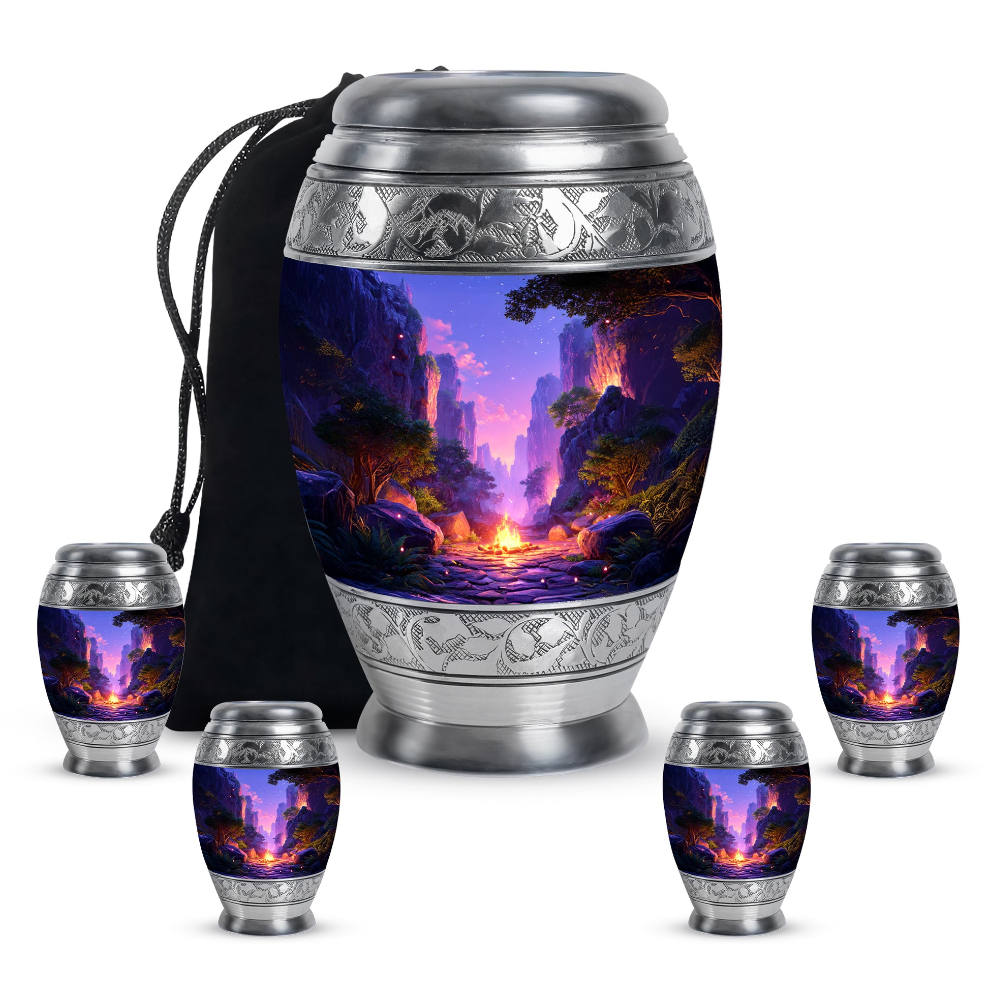 Indigo Campfire Cremation Urn detail view - ornate monarch-style campfire relief on brushed aluminum - memorial set with one large and four small urns