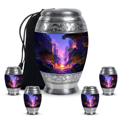 Indigo Campfire Cremation Urn detail view - ornate monarch-style campfire relief on brushed aluminum - memorial set with one large and four small urns