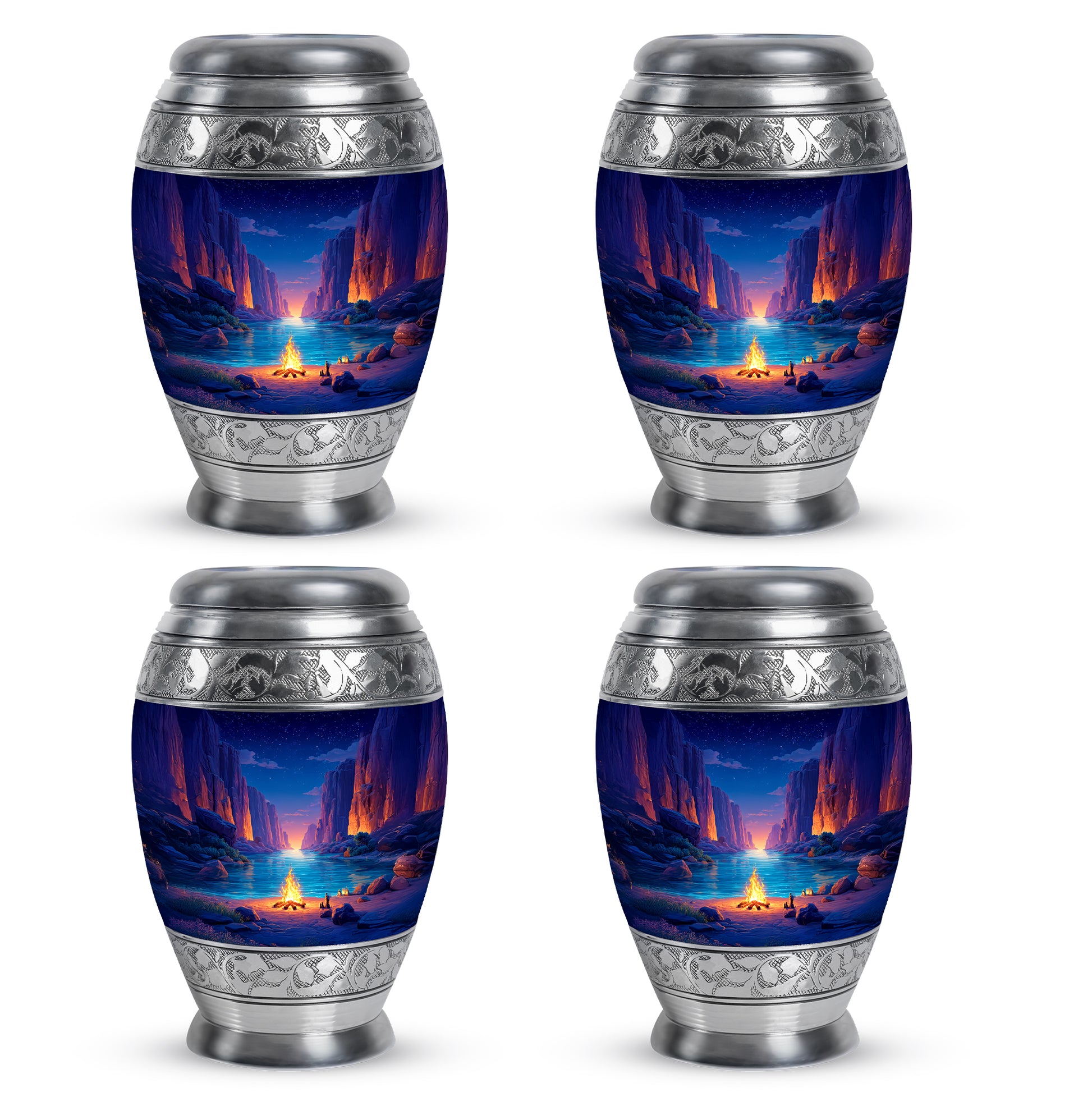 Sapphire Blue Campfire Cremation Urn urn with complimentary velvet bag - majestic campfire pattern with filigree border - 10 inch aluminum urn for cremated remains
