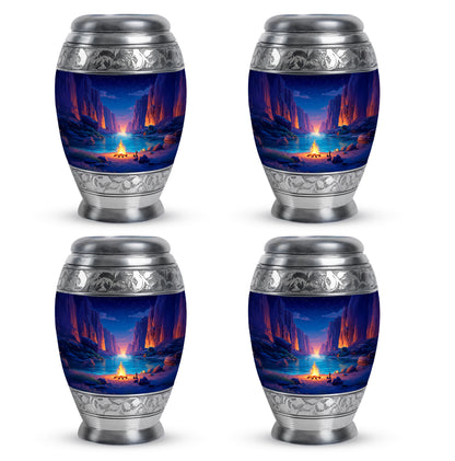 Sapphire Blue Campfire Cremation Urn urn with complimentary velvet bag - majestic campfire pattern with filigree border - 10 inch aluminum urn for cremated remains