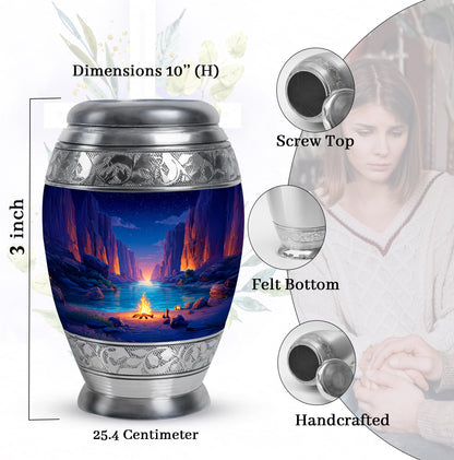 Pastel Blue Campfire Cremation Urn lifestyle display on memorial shelf - regal campfire design with crown-inspired accents - mini keepsake memorial for portion of cremation ashes