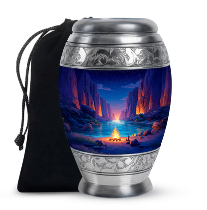 Royal Blue Campfire Cremation Urn back view with polished surface - royal campfire engraving with decorative scrollwork - full-size 10 inch 200 cubic inch adult cremation urn