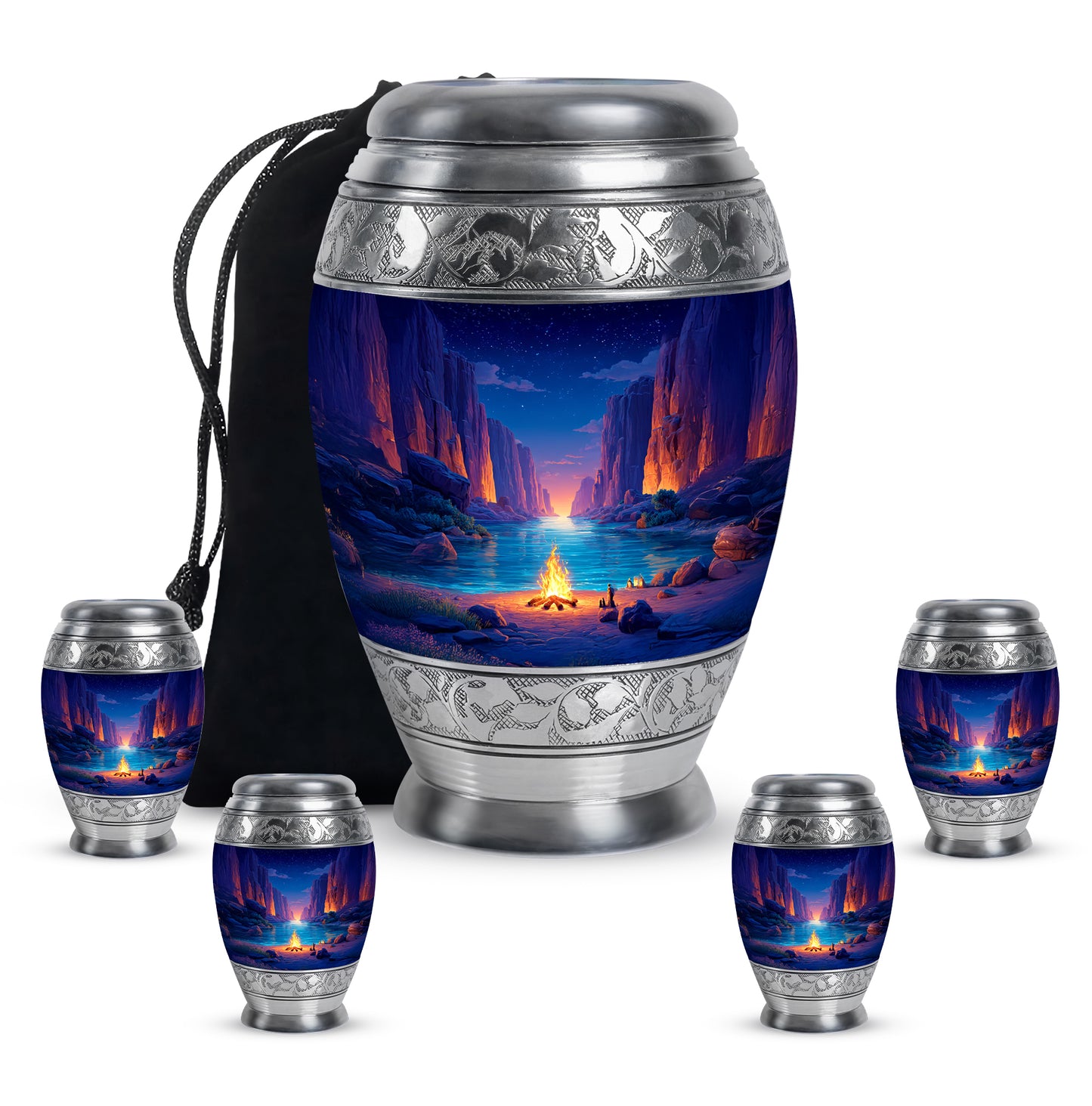 Soft Blue Campfire Cremation Urn detail view - majestic campfire pattern with filigree border - memorial set with one large and four small urns