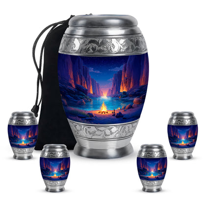 Soft Blue Campfire Cremation Urn detail view - majestic campfire pattern with filigree border - memorial set with one large and four small urns