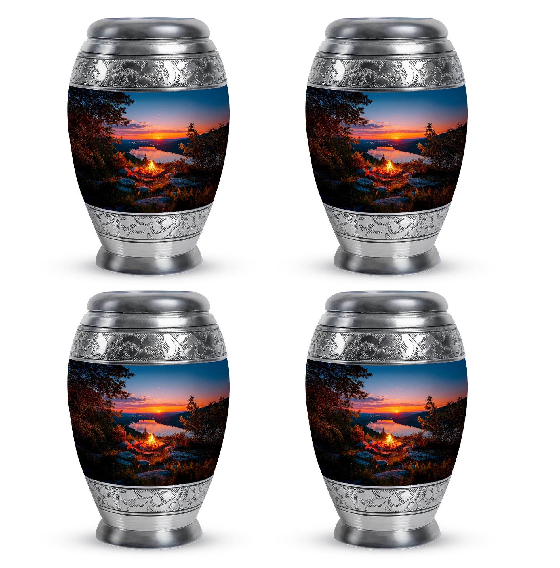 Twilight Blue Campfire Cremation Urn urn with complimentary velvet bag - majestic campfire pattern with filigree border - 10 inch aluminum urn for cremated remains