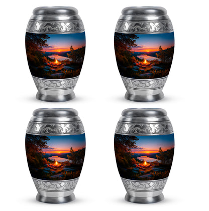 Twilight Blue Campfire Cremation Urn urn with complimentary velvet bag - majestic campfire pattern with filigree border - 10 inch aluminum urn for cremated remains