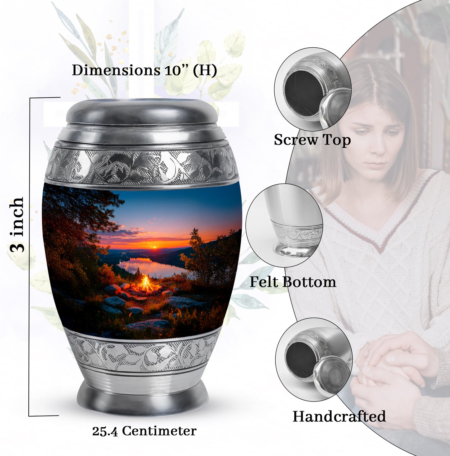 Calming Blue Campfire Cremation Urn lifestyle display on memorial shelf - majestic campfire pattern with filigree border - mini keepsake memorial for portion of cremation ashes