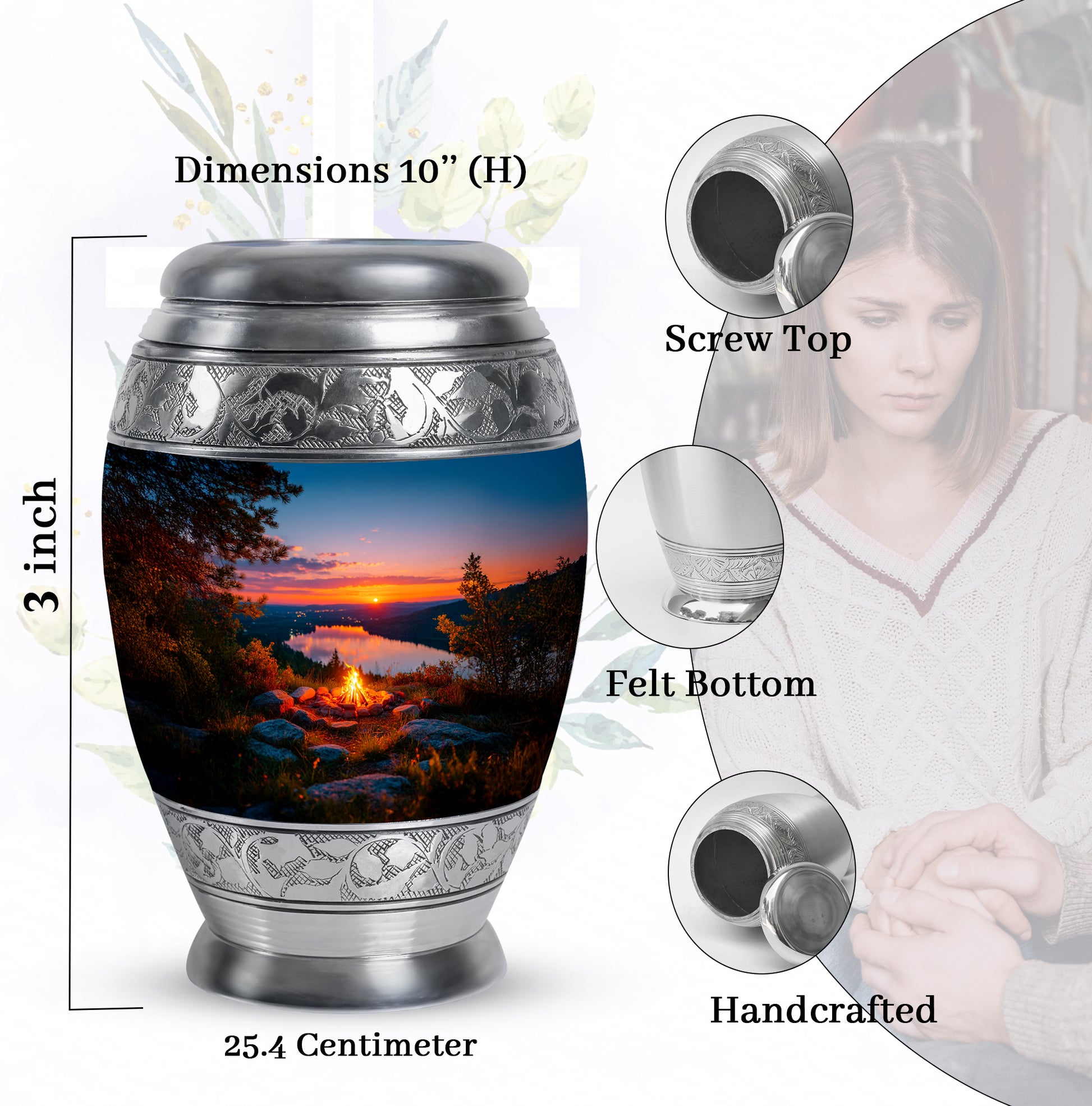 Calming Blue Campfire Cremation Urn lifestyle display on memorial shelf - majestic campfire pattern with filigree border - mini keepsake memorial for portion of cremation ashes