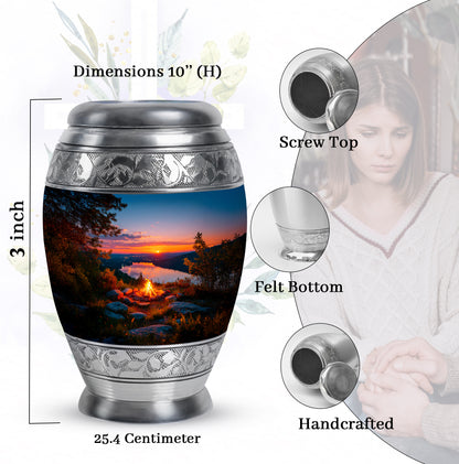 Calming Blue Campfire Cremation Urn lifestyle display on memorial shelf - majestic campfire pattern with filigree border - mini keepsake memorial for portion of cremation ashes