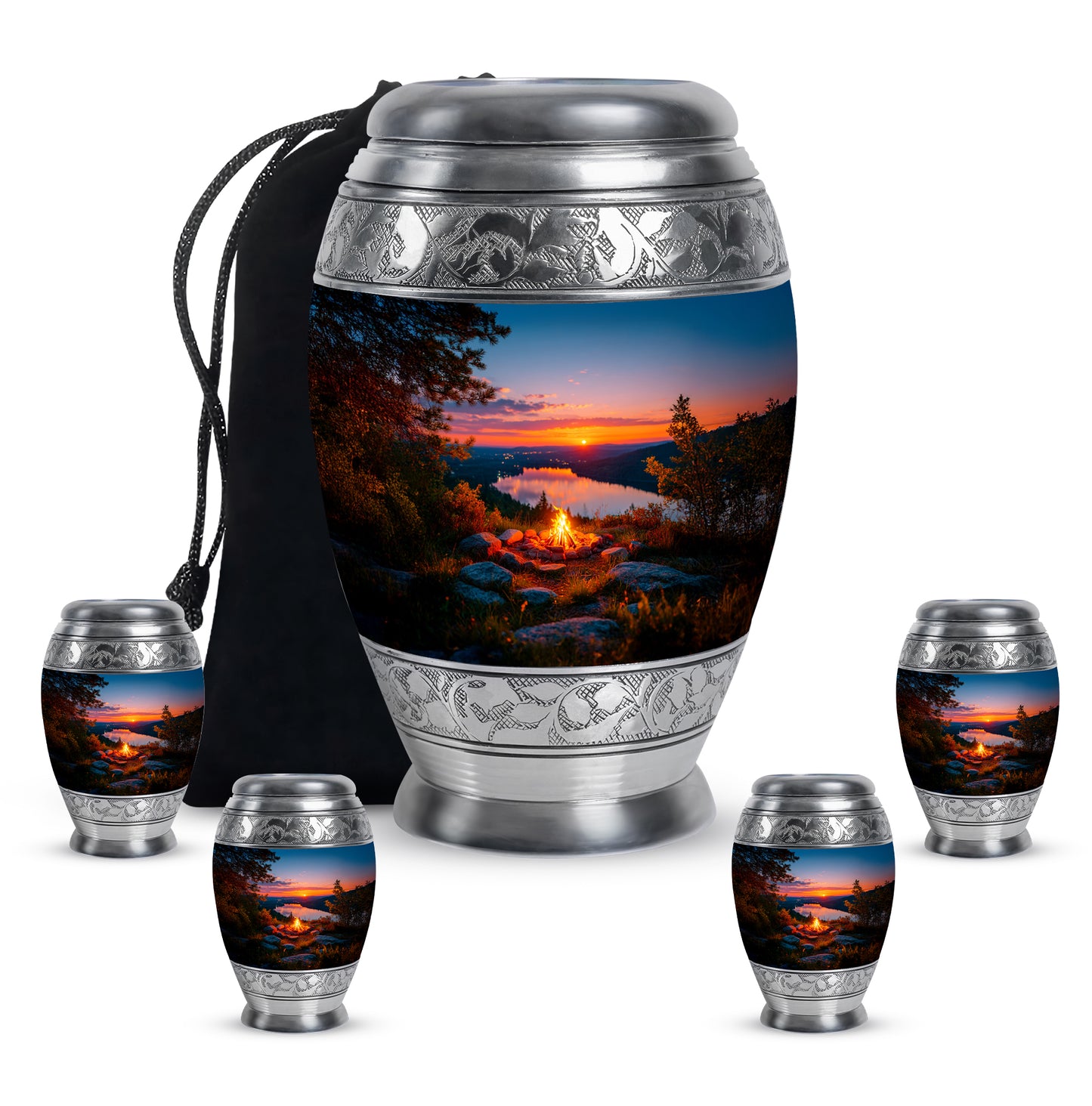 Twilight Blue Campfire Cremation Urn detail view - majestic campfire pattern with filigree border - memorial set with one large and four small urns