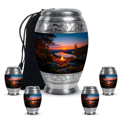 Twilight Blue Campfire Cremation Urn detail view - majestic campfire pattern with filigree border - memorial set with one large and four small urns