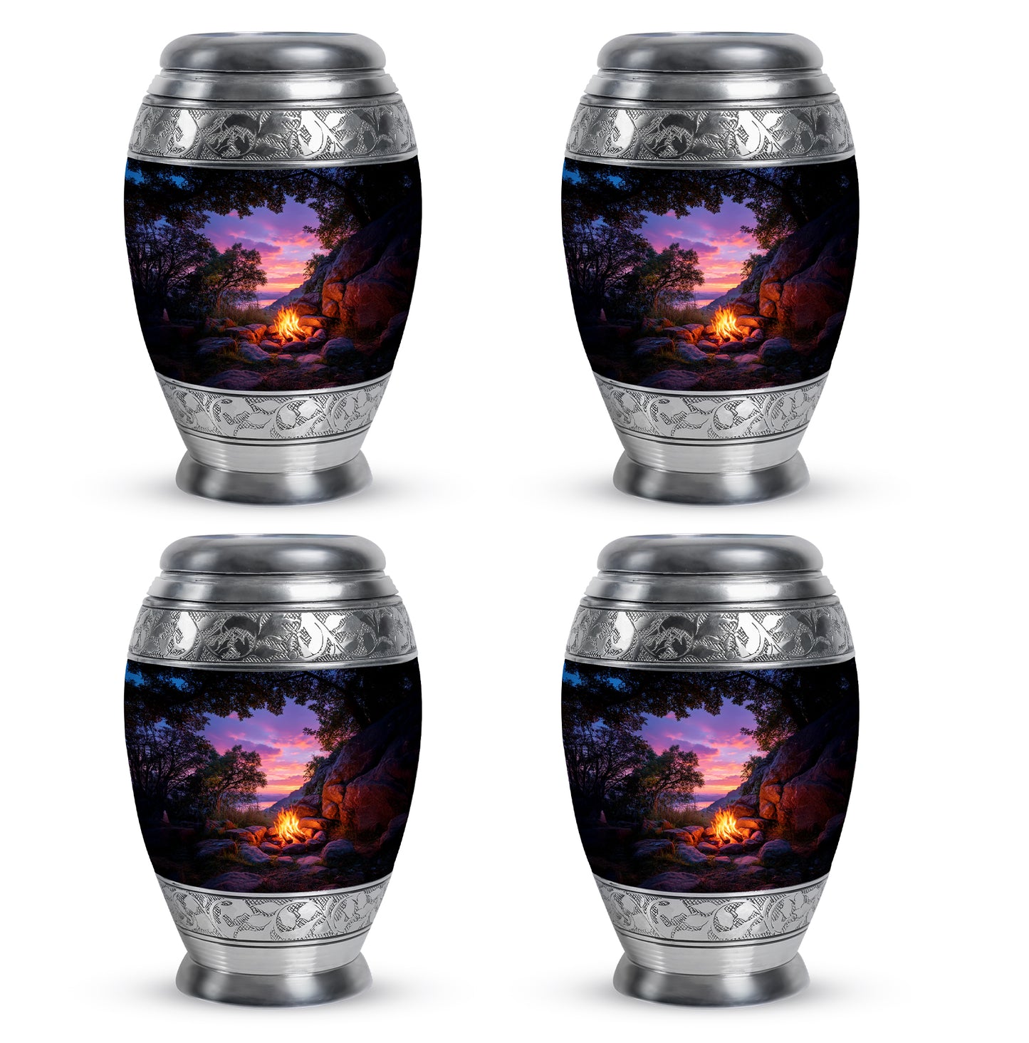 Jet Black Campfire Cremation Urn urn with complimentary velvet bag - ornate monarch-style campfire relief on brushed aluminum - 10 inch aluminum urn for cremated remains