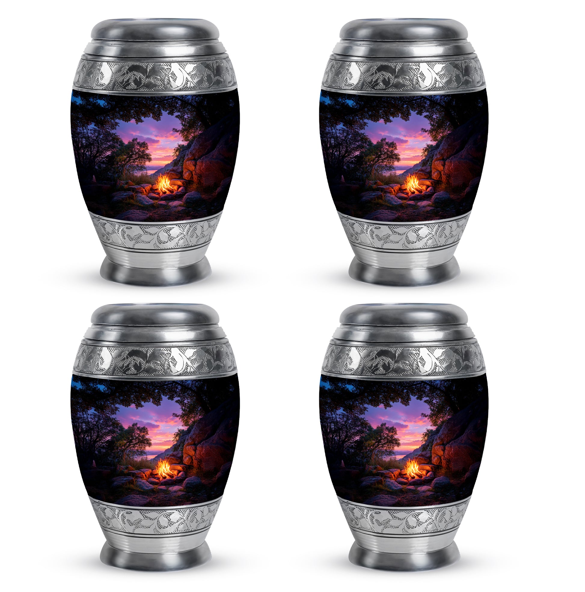 Jet Black Campfire Cremation Urn urn with complimentary velvet bag - ornate monarch-style campfire relief on brushed aluminum - 10 inch aluminum urn for cremated remains