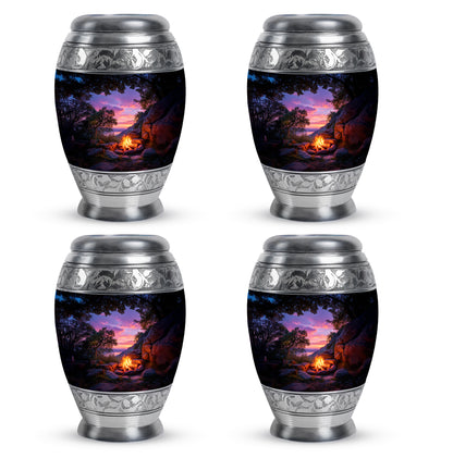 Jet Black Campfire Cremation Urn urn with complimentary velvet bag - ornate monarch-style campfire relief on brushed aluminum - 10 inch aluminum urn for cremated remains