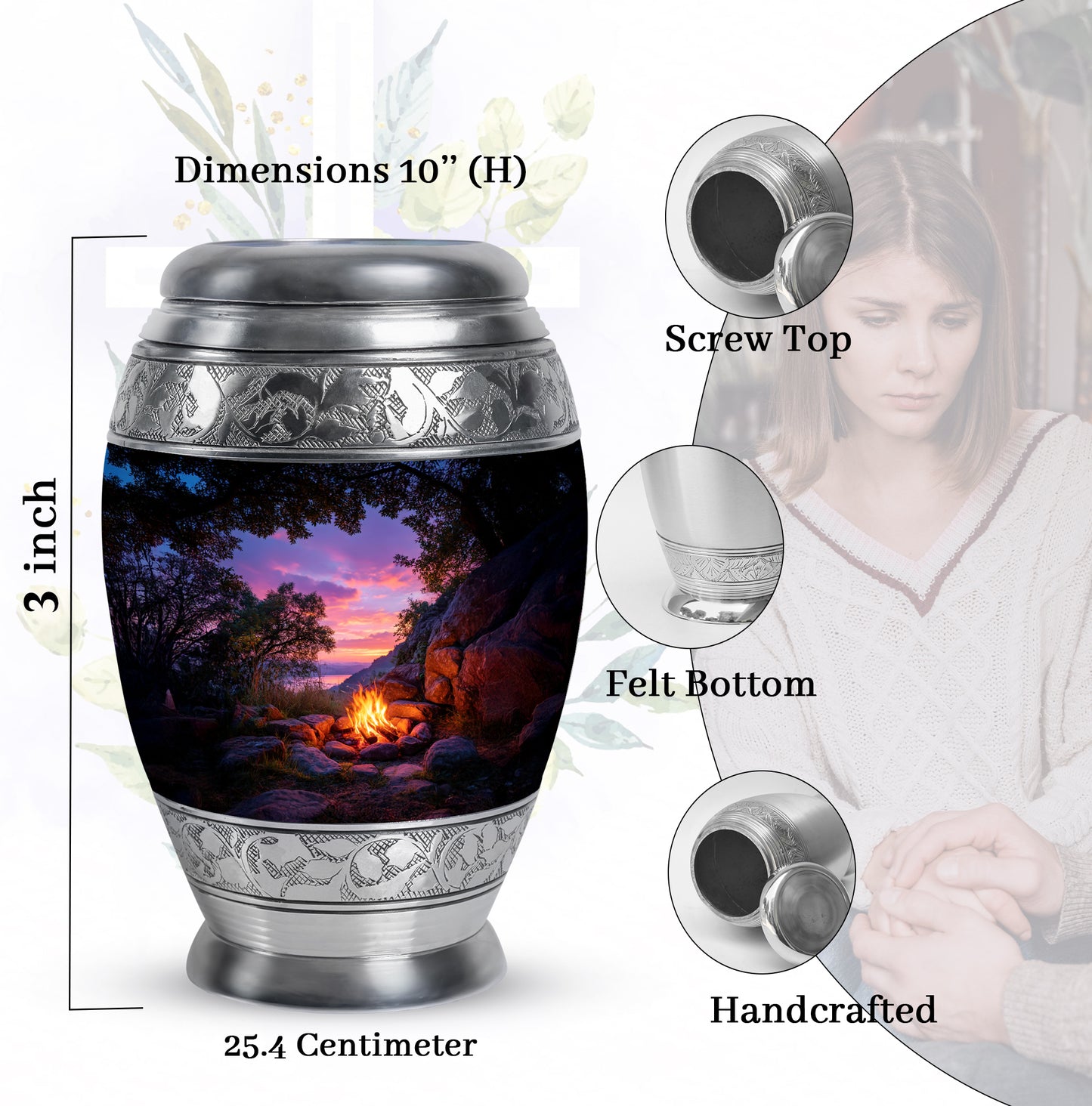 Midnight Black Campfire Cremation Urn lifestyle display on memorial shelf - royal campfire engraving with decorative scrollwork - mini keepsake memorial for portion of cremation ashes