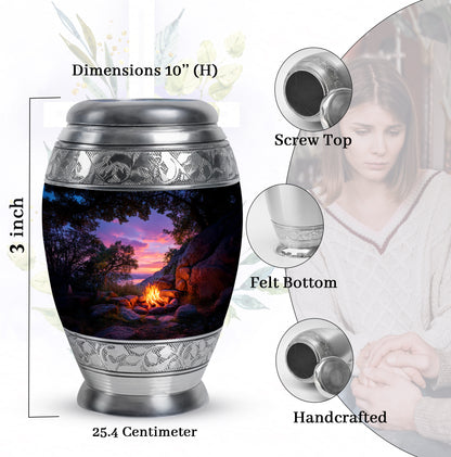 Midnight Black Campfire Cremation Urn lifestyle display on memorial shelf - royal campfire engraving with decorative scrollwork - mini keepsake memorial for portion of cremation ashes