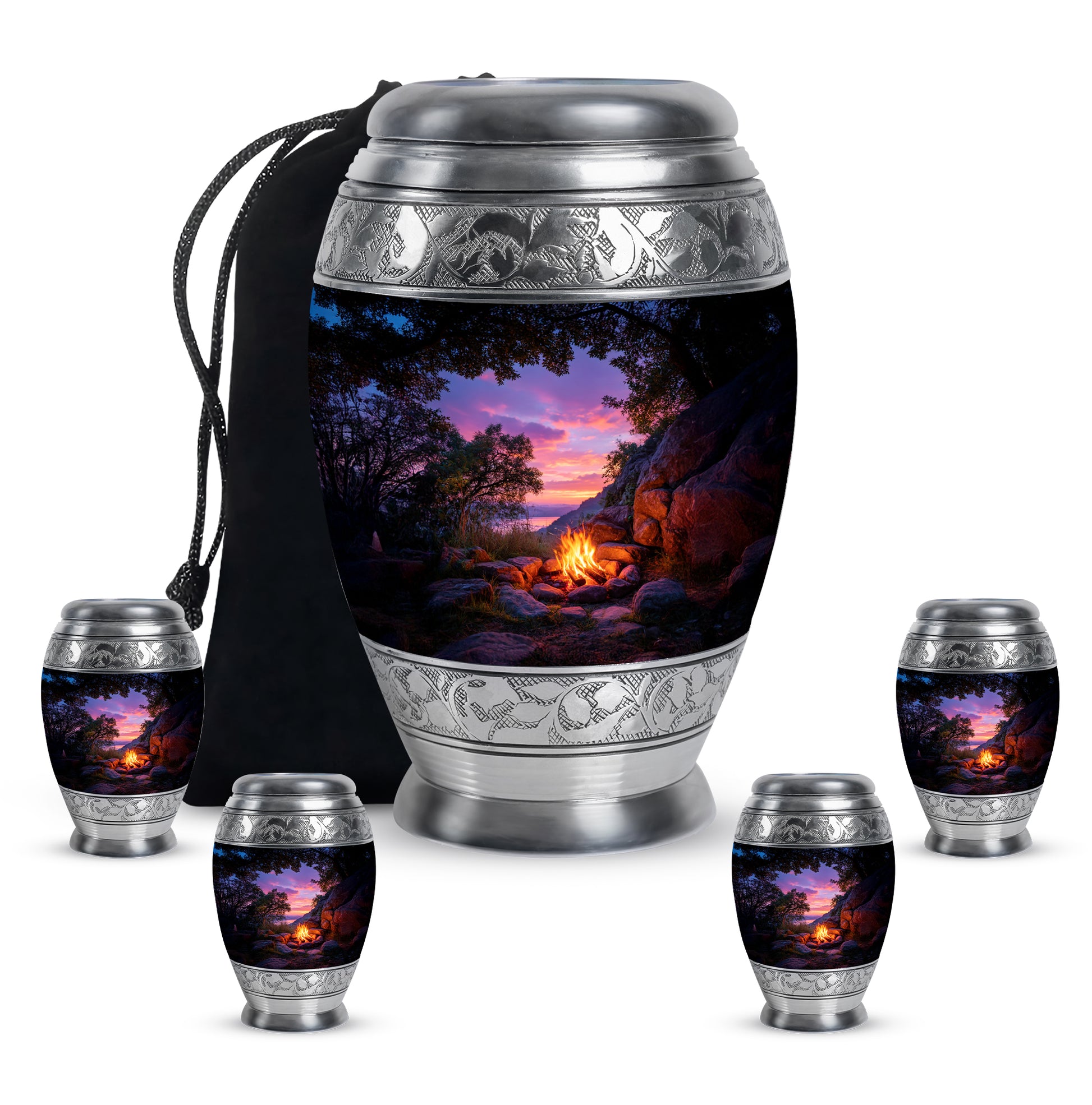 Onyx Black Campfire Cremation Urn detail view - majestic campfire pattern with filigree border - memorial set with one large and four small urns