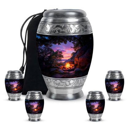 Onyx Black Campfire Cremation Urn detail view - majestic campfire pattern with filigree border - memorial set with one large and four small urns