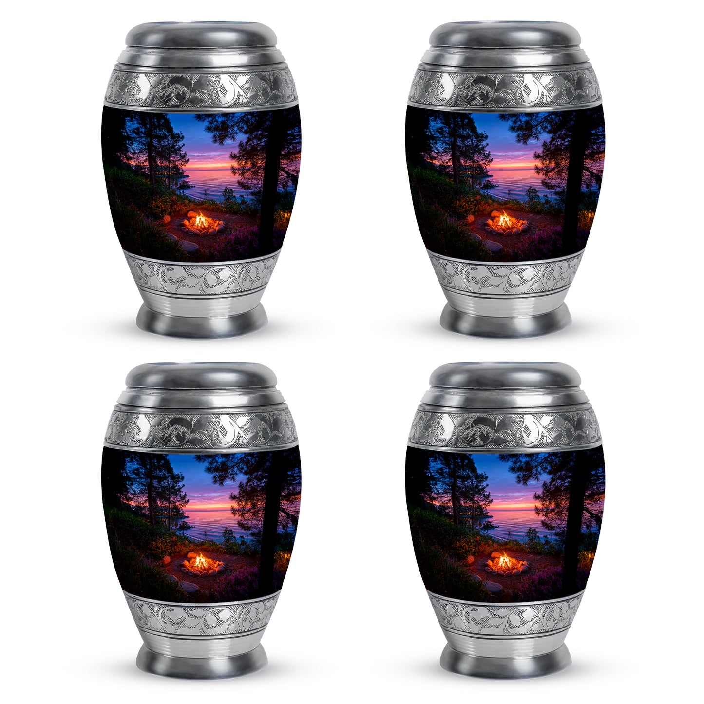 Twilight Blue Campfire Cremation Urn urn with complimentary velvet bag - royal campfire engraving with decorative scrollwork - 10 inch aluminum urn for cremated remains