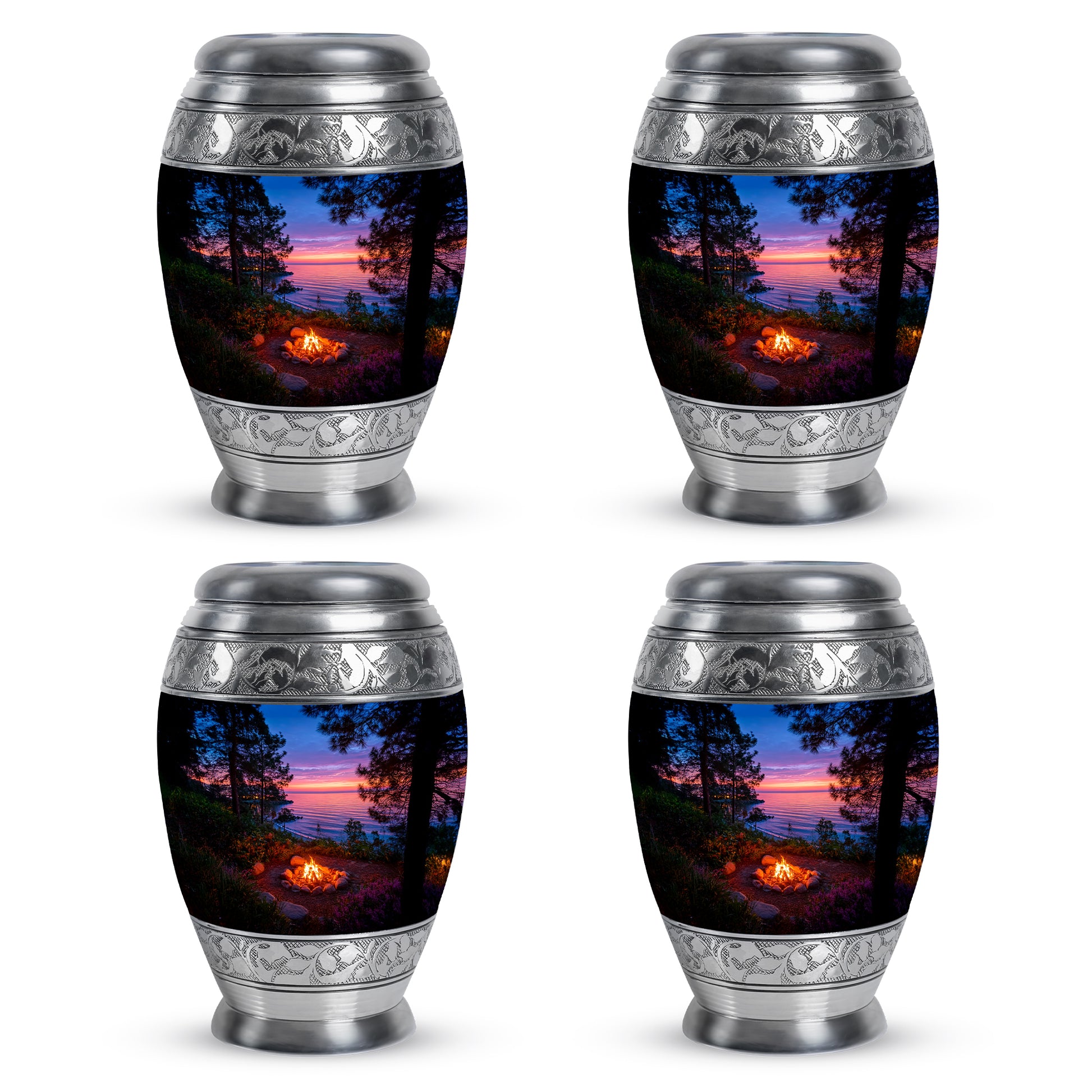 Twilight Blue Campfire Cremation Urn urn with complimentary velvet bag - royal campfire engraving with decorative scrollwork - 10 inch aluminum urn for cremated remains