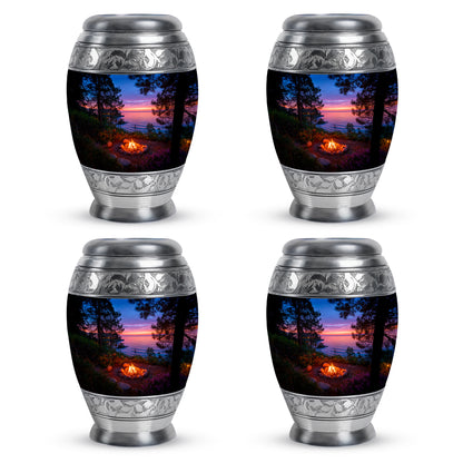 Twilight Blue Campfire Cremation Urn urn with complimentary velvet bag - royal campfire engraving with decorative scrollwork - 10 inch aluminum urn for cremated remains