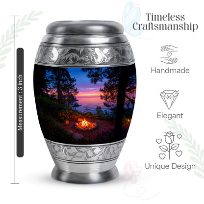 Indigo Campfire Cremation Urn lifestyle display on memorial shelf - regal campfire design with crown-inspired accents - mini keepsake memorial for portion of cremation ashes