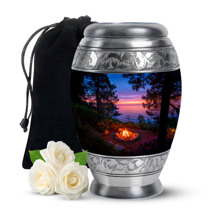 Indigo Campfire Cremation Urn back view with polished surface - ornate monarch-style campfire relief on brushed aluminum - full-size 10 inch 200 cubic inch adult cremation urn