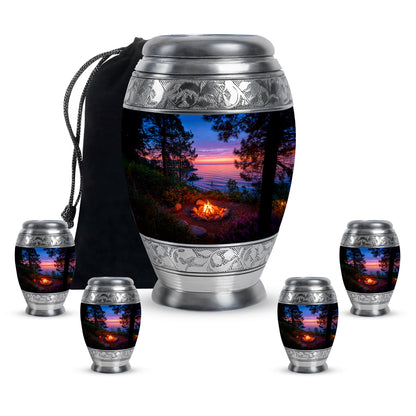 Pastel Blue Campfire Cremation Urn detail view - regal campfire design with crown-inspired accents - memorial set with one large and four small urns