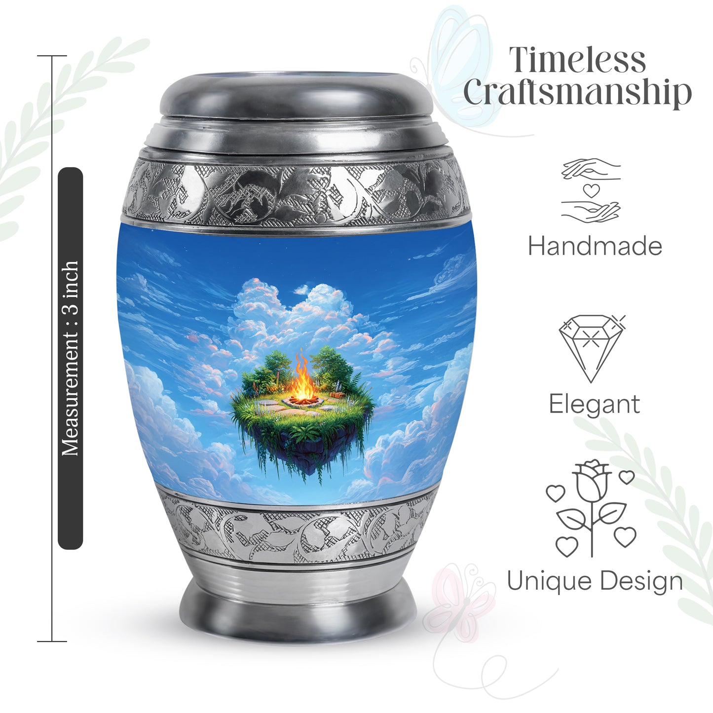 Icy Blue Campfire Cremation Urn lifestyle display on memorial shelf - ornate monarch-style campfire relief on brushed aluminum - mini keepsake memorial for portion of cremation ashes