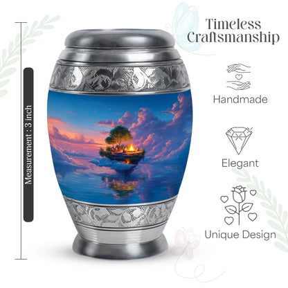 Slate Blue Campfire Cremation Urn lifestyle display on memorial shelf - regal campfire design with crown-inspired accents - mini keepsake memorial for portion of cremation ashes