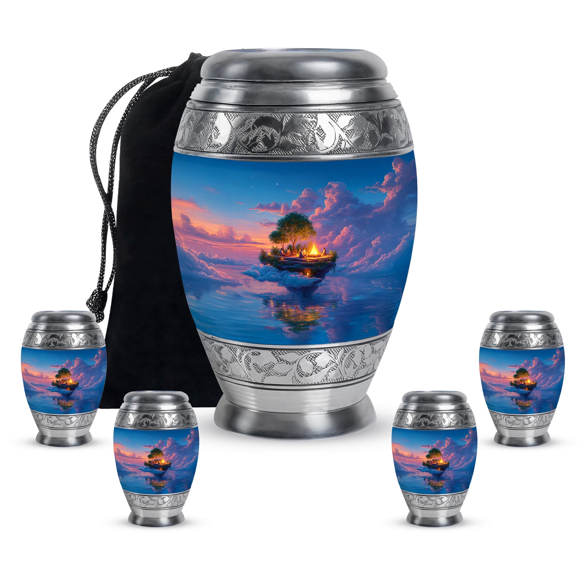 Pastel Blue Campfire Cremation Urn detail view - regal campfire design with crown-inspired accents - memorial set with one large and four small urns