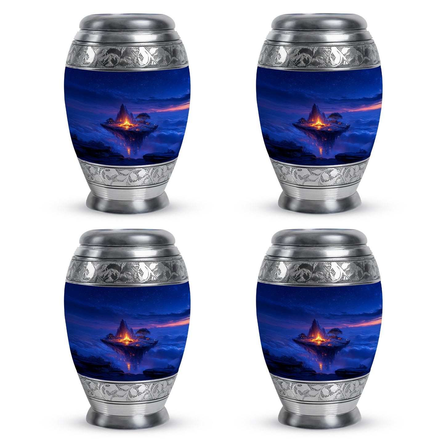 Soft Blue Campfire Cremation Urn urn with complimentary velvet bag - royal campfire engraving with decorative scrollwork - 10 inch aluminum urn for cremated remains