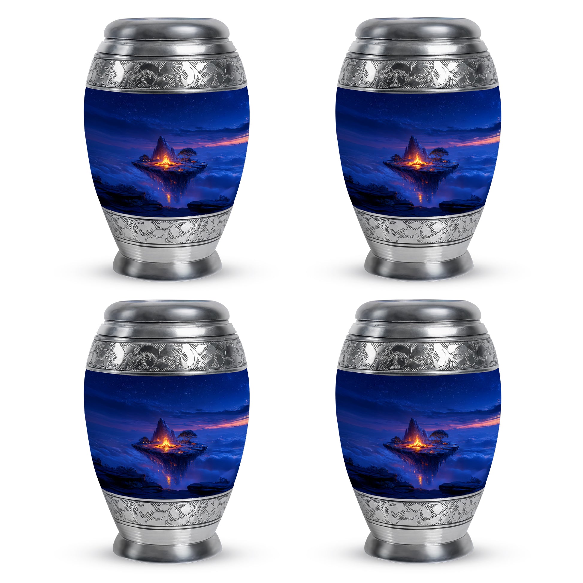 Soft Blue Campfire Cremation Urn urn with complimentary velvet bag - royal campfire engraving with decorative scrollwork - 10 inch aluminum urn for cremated remains