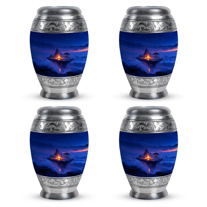 Soft Blue Campfire Cremation Urn urn with complimentary velvet bag - royal campfire engraving with decorative scrollwork - 10 inch aluminum urn for cremated remains