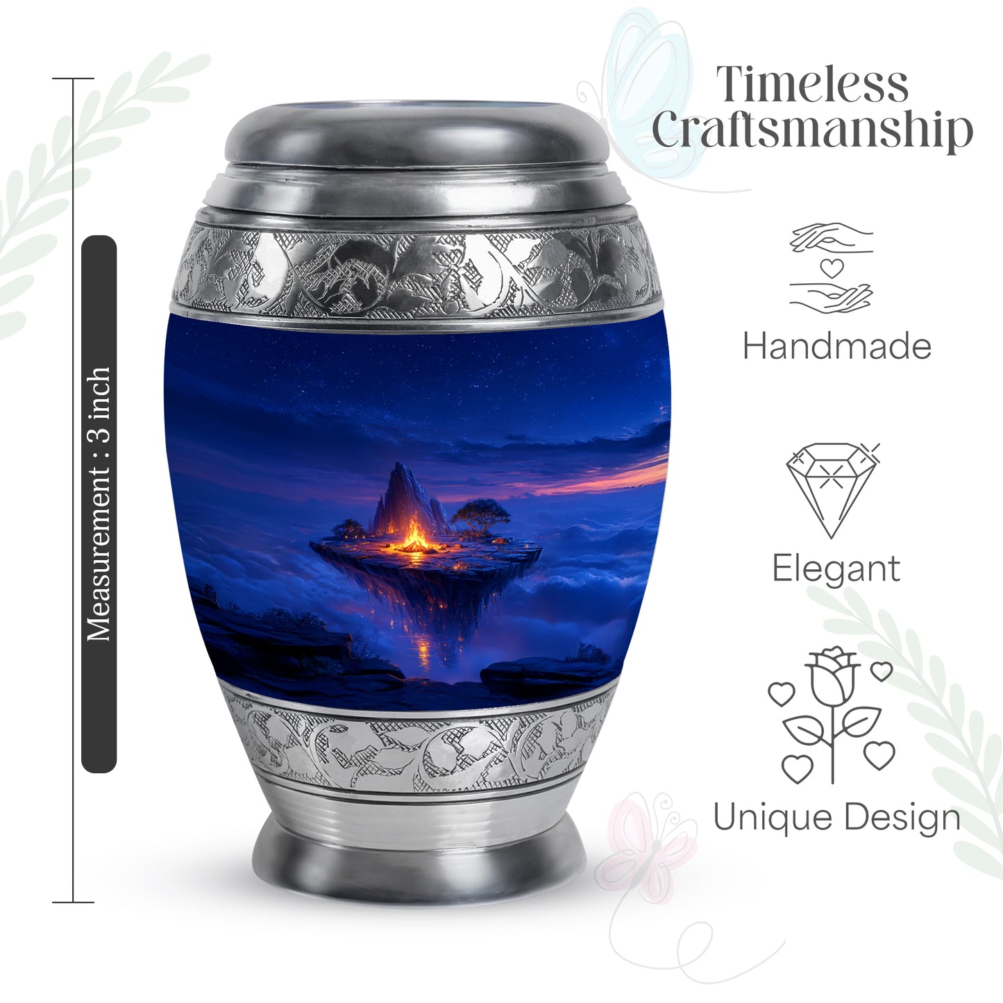 Steel Blue Campfire Cremation Urn lifestyle display on memorial shelf - royal campfire engraving with decorative scrollwork - mini keepsake memorial for portion of cremation ashes